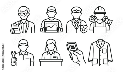 Line style icons of gallery staff and support: curator clipboard, art handler icon, museum guard badge, lighting technician gear, exhibition installer with tool, front desk person, ticket scanner,