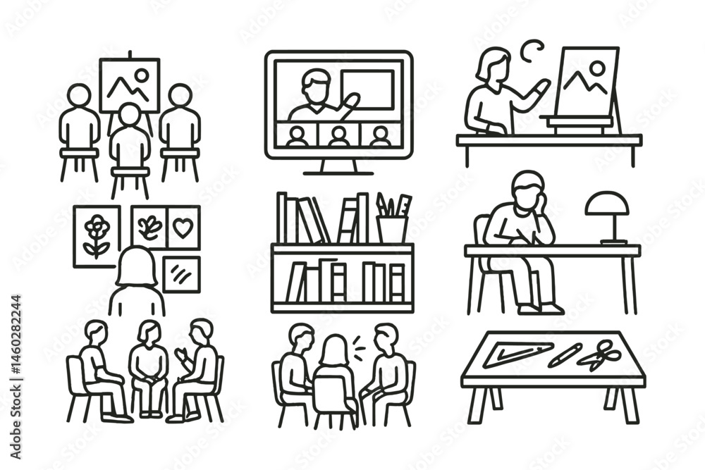 Line style icons of creative learning environments: group studio setup, virtual class screen, teacher demo station, student art wall, resource bookshelf, silent focus zone, project critique circle,