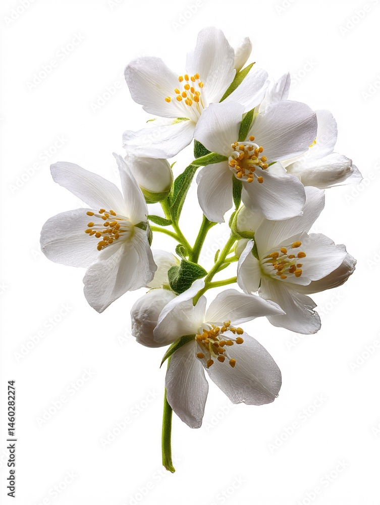 Obraz premium Loose Arrangement of Delicate Jasmine Blossoms on Pristine White Background