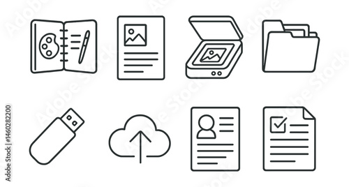Line style icons of documentation and archive: artist logbook icon, work catalog sheet, high-res photo scanner, folder of WIPs, labeled USB drive, online archive symbol, artist CV doc, media release