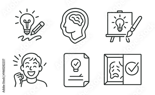 Line style icons of creative breakthroughs: lightbulb sketch moment, flow state badge, new idea board, emotional release art, “yes!” expression symbol, solution note page, resolved artwork symbol,
