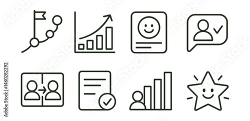 Line style icons of student progress and tracking: milestone icon, improvement graph, feedback sticker card, critique comment tag, before-and-after layout, revision mark sheet, portfolio growth bar,
