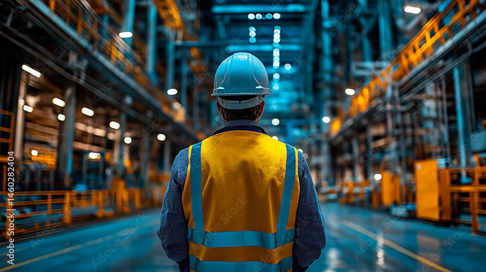 Navigating Industry: A worker with safety gear navigates a vast industrial landscape, their back to the viewer, showcasing dedication and diligence amidst the complexity. Navigating Industry: A worker with safety gear navigates a vast industrial landscape, their back to the viewer, showcasing dedication and diligence amidst the complexity.