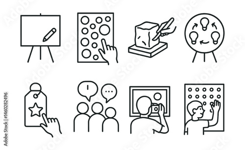 Line style icons of public art interaction: “draw here” sign, sticker wall panel, sculpt your message clay zone, rotating idea board, visual memory tag, crowd reaction bubbles, photo with artwork