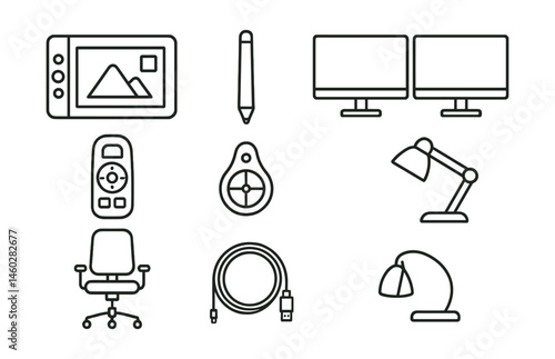 Line style icons of digital art setup: drawing tablet, stylus pen, dual monitor setup, shortcut remote, color calibration device, artist chair, USB cable coil, desk lamp.