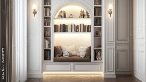 Elegant Reading Nook  Interior Design  Bookshelves   Cozy Seating