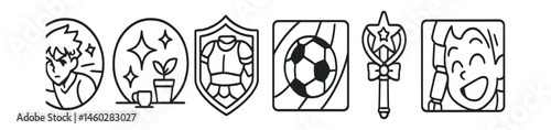 Line style icons of manga genres and tropes: shonen action icon, shojo sparkles badge, slice-of-life scene, fantasy armor frame, sports ball panel, magical girl wand, mecha robot limb, comedy face