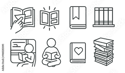Line style icons of manga reading experience: flipping page gesture, scanline panel glow, bookmark ribbon tab, manga shelf with spines, reading on train icon, quiet moment with book, favorite volume