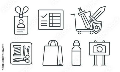 Line style icons of cosplay convention gear: cosplay pass badge, schedule card, event map with star, rolling prop cart, emergency sewing kit, convention bag, hydration bottle, group photo area sign.