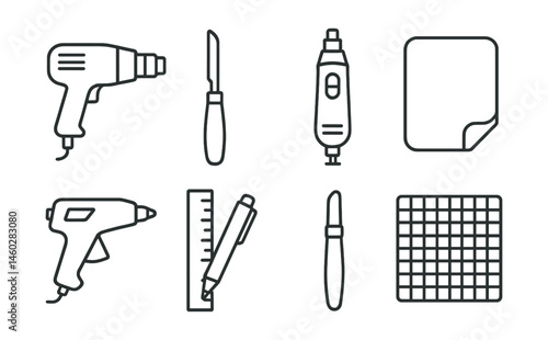 Line style icons of cosplay crafting tools: heat gun icon, foam cutter blade, rotary tool, EVA foam sheet, glue gun, ruler and marker combo, detail carving tip, cutting mat grid.