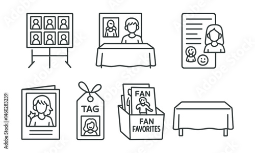 Line style icons of fan art at conventions: fan print wall, artist alley booth, sketch commission list, print and button display, fan zine cover, “free sticker with sketch” tag, fan favorites bin,