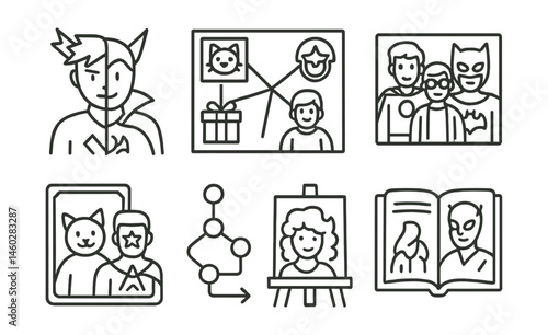 Line style icons of cross-fandom creativity: fusion character sketch, multi-fandom tribute board, pop culture mashup panel, visual crossover card, shared universe AU, “what if” timeline, style mix-up