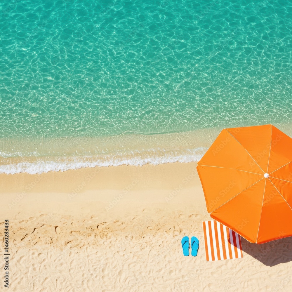 Naklejka premium Aerial view of beach with orange umbrella towel and blue flip flops near turquoise water edge on a sunny day
