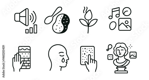 Line style icons of sensory-driven creativity: sound + color stripe, taste and texture blend, scent-inspired shape, music note to image stream, touch and material panel, emotion through smell icon,
