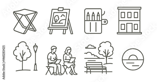Line style icons of field sketching and urban drawing: folding stool icon, plein air sketch pad, travel pencil roll, street building block-in, tree and lamp study, people sitting quick draw, park