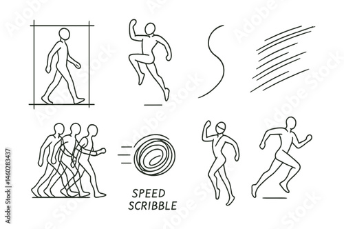 Line style icons of dynamic sketching motion: walking pose frame, jumping gesture icon, line of action curve, motion blur strokes, multiple poses overlay, speed scribble badge, dance sketch figure,