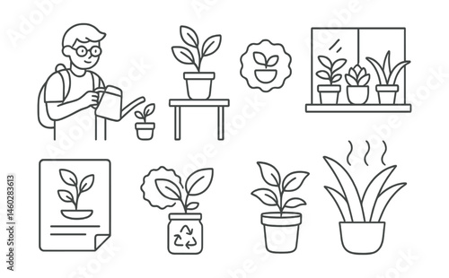 Line style icons of plant care and indoor greenery: student with watering can, potted plant by desk, propagation jar icon, “my first herb” badge, window shelf garden, plant journal sheet, recycled