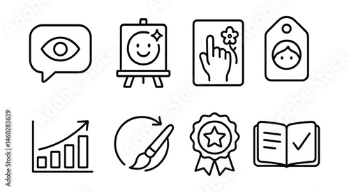 Line style icons of feedback and personal growth: “I noticed” bubble, positive art mirror, gentle suggestion card, reflection tag icon, growth meter bar, revisit and re-draw icon, celebrate effort
