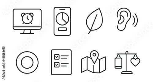 Line style icons of digital wellbeing tools: screen rest reminder, app timer dashboard, focus mode leaf, background noise icon, breathing bubble badge, minimal to-do icon, digital boundary map, tech