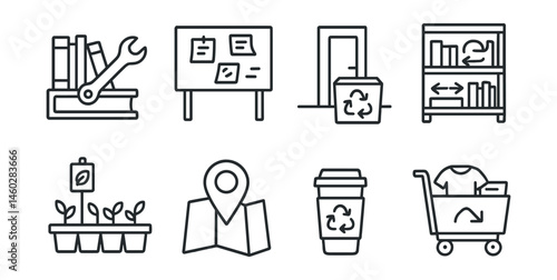 Line style icons of shared eco resources: book and tool library icon, campus share board, eco box in hallway, swap-and-take shelf, student seed bank tray, map of refill stations, reusable cup program