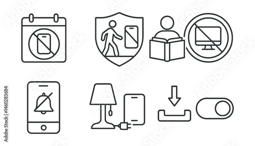 Line style icons of digital minimalism habits: app-free Sunday icon, phone-free walk badge, focused reading time, weekly screen detox badge, no alerts zone, evening unplug routine, mindful download