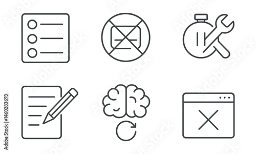 Line style icons of minimal productivity: 3-task day card, no multitask sign, intentional break timer, one tool only icon, pencil + paper list, brain fog reset, single focus bar, close-all-tabs icon.