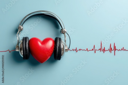 Headphones with Heart and EKG Line on Blue Background, Music Therapy Concept