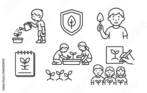 Line style icons of youth green participation: kid watering planter, school eco badge, plant name card drawing, child with trowel icon, youth garden journal, shared tiny garden icon, draw your sprout