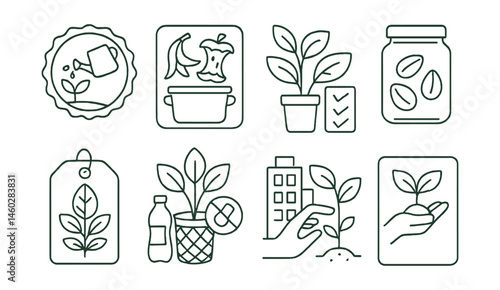Line style icons of green-friendly behavior change: “I water daily” badge, compost my food sign, plant parent chart, saved seeds jar, “green thumb” progress tag, less plastic around plants,