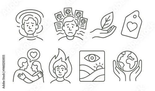 Line style icons of emotions around climate: eco anxiety swirl, overwhelmed by info sketch, hope and action leaf, “small action matters” tag, support each other bubble, youth resilience flame, future
