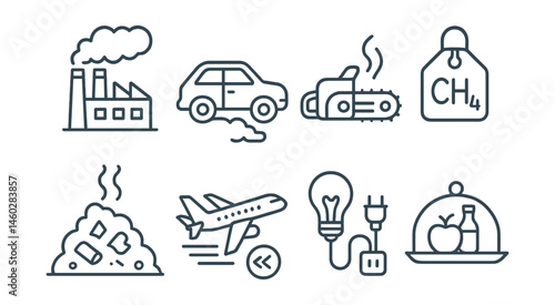 Line style icons of climate change causes: fossil fuel factory icon, car exhaust cloud, deforestation chainsaw, methane from cow tag, landfill with smoke lines, plane + emissions symbol, energy