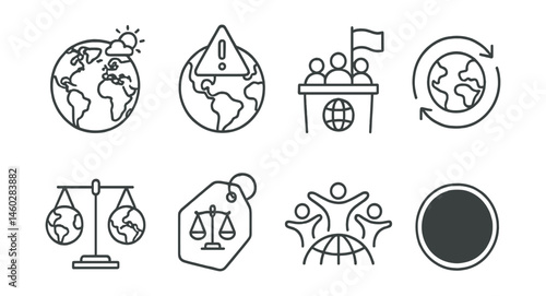 Line style icons of global perspective: climate on world map, regions at risk icon, global summit with flag, cross-border action arrow, South–North equity balance, translation for justice tag, world