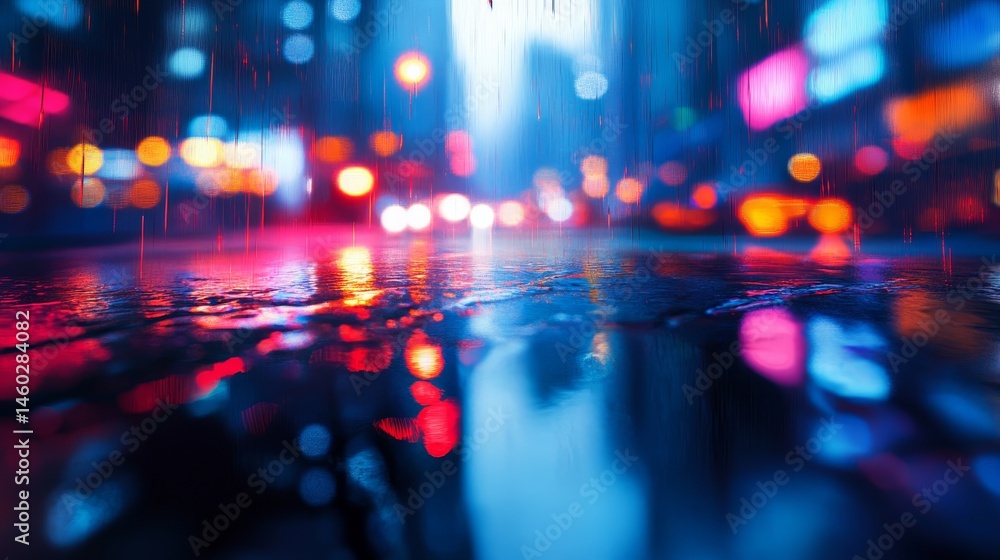 Fototapeta premium Colorful urban street scene on a rainy night.