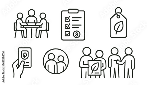 Line style icons of collaborative eco planning: student committee table, checklist board, vote on eco ideas frame, co-create event tag, budget for green option icon, adult-youth team badge, poster