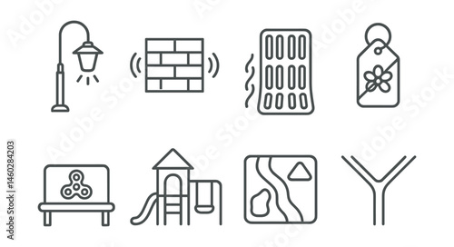 Line style icons of sensory-friendly urban zones: low-light streetlamp, sound-buffer wall icon, tactile path sketch, scent-free zone tag, fidget and wait bench, noise-calm playground area, visual