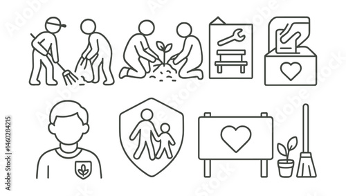 Line style icons of shared responsibility culture: citizens cleaning day, co-planting patch, fix-a-bench poster, city care feedback box, youth caretaker badge, safe street patrol sign, “we care