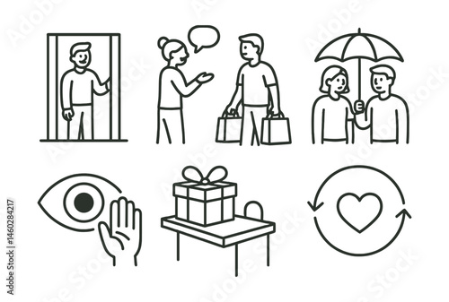 Line style icons of everyday caring behaviors: hold the elevator smile, help with bags bubble, umbrella share icon, wait for friend bench, “I see you” eye sign, small gift station, pause and ask