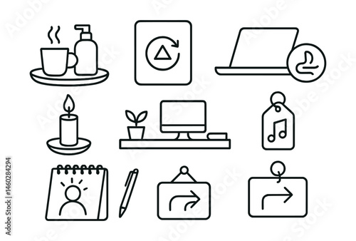 Line style icons of rituals and transitions: end-of-day ritual tray, weekly reset card, close laptop + breathe symbol, light a candle for focus, clean desk moment, start with music tag, finish with