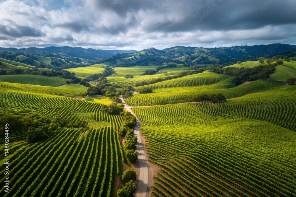 Fototapeta premium Expansive vineyards cover the gentle hills, with winding roads visible in the background on a peaceful morning with overcast skies Generative AI