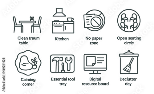 Line style icons of decluttered shared spaces: clean staff room table, minimal kitchen setup, no paper clutter zone, open seating circle, calming corner badge, essential tool tray, digital resource