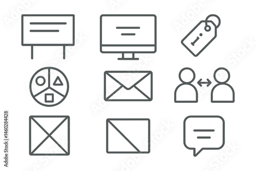 Line style icons of minimalist communication: clean announcement board, “1 screen = 1 message” rule, essential info only tag, color-coded clarity icon, no long emails badge, face-to-face over clutter