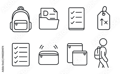 Line style icons of school bag organization: light backpack icon, day-specific folder, weekly sort checklist, declutter reminder tag, “only what’s used” list, calm zip layout, reusable pouches icon,