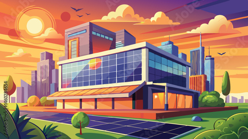 Modern sustainable office building with solar panels offering a stunning city view, reflecting the sunrise, showcasing clean energy and urban development