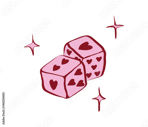Dice in whimsical line art style. Cute casino symbol for girls bachelorette. Trendy and coquette drawing for invitation and banner for holidays. Doodle vector illustration
