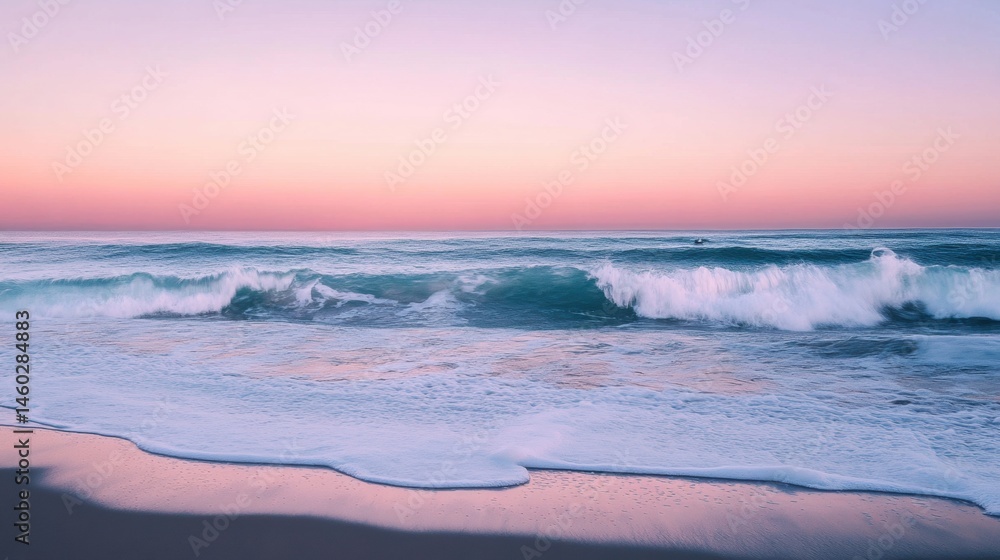 Naklejka premium Pastel colored ocean waves crashing on a sandy beach at dawn.