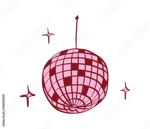 Disco ball or mirror ball in whimsical style. Retro dance party symbol for girls bachelorette. Trendy and coquette art for invitation and banner for holidays. Doodle vector illustration