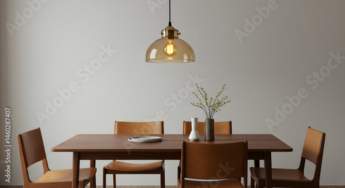 Elegant Dining Area With Warm Lighting Fixture And Minimalist Decor
