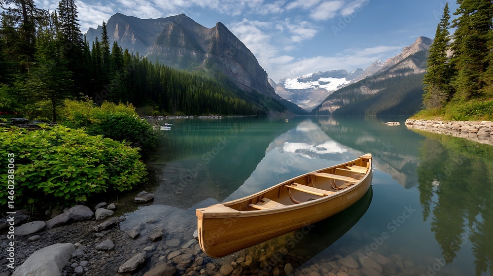 Obraz premium Serene Lake View with Canoe and Majestic Mountains in Background