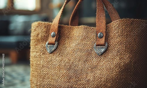 Close-up of a rustic jute tote bag with stylish leather straps.