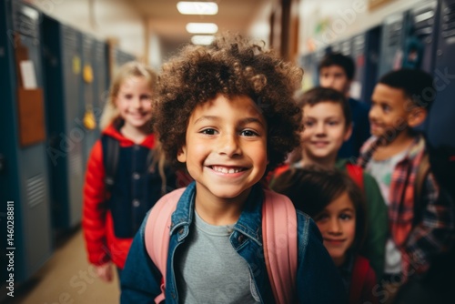 portrait of a diverse kids students in elementary school hallway with lockers